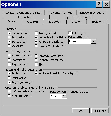 Darstellung eines Dialogfeldes in Microsoft Word bei Standardbildschirmeinstellungen