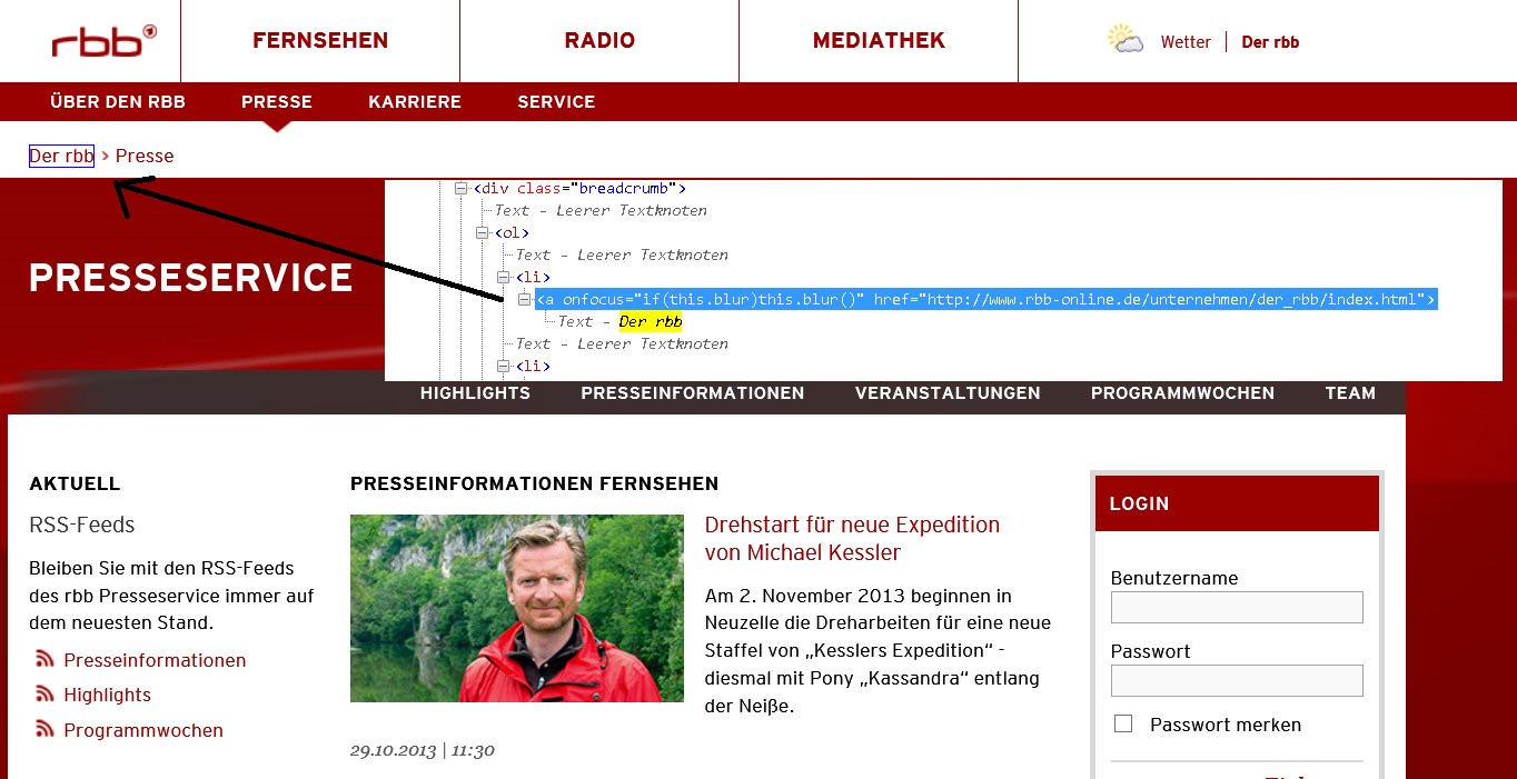 Zwei Ansichten von rbb-online.de: In der Browser-Ansicht ist der erste Eintrag der Bread-Crumb markiert und in der DOM-Ansicht steht ein JS-Code, der den Fokus entfernt