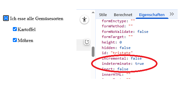 Screenshot: Die indeterminate-Eigenschaft einer Tristate-Checkbox.