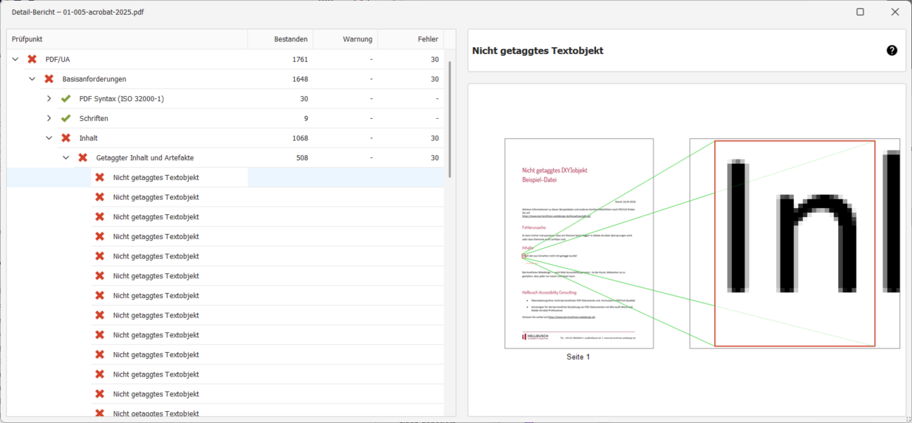 Die Fehlermeldung wird in einer Baumstruktur unter PDF/UA → Basisanforderungen → Inhalt → Getaggter Inhat und Artefakte → Nicht getaggtes Textobjekt angezeigt.
