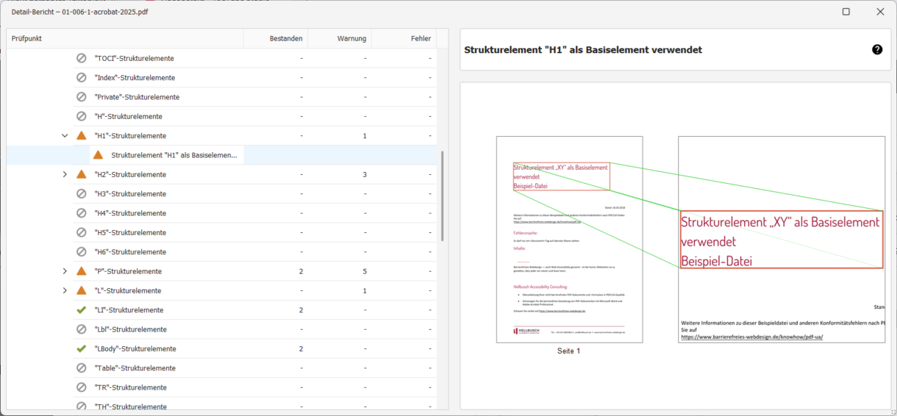 Die Fehlermeldung wird in einer Baumstruktur unter PDF/UA → Logische Struktur → Strukturbaum → XY-Strukturelemente → Strukturelement XY als Basiselement verwendet angezeigt.