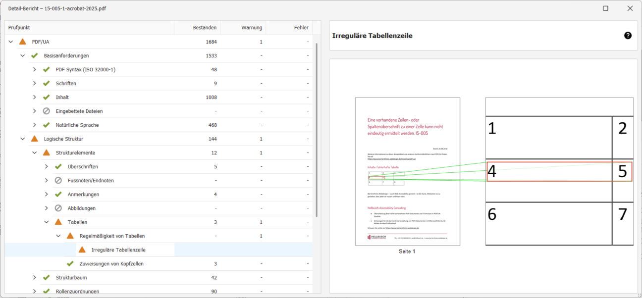 Die Fehlermeldung wird in einer Baumstruktur unter PDF/UA → Logische Struktur → Strukturelemente → Tabellen → Reguläre Tabellen → Irreguläre Tabellenzeile angezeigt.