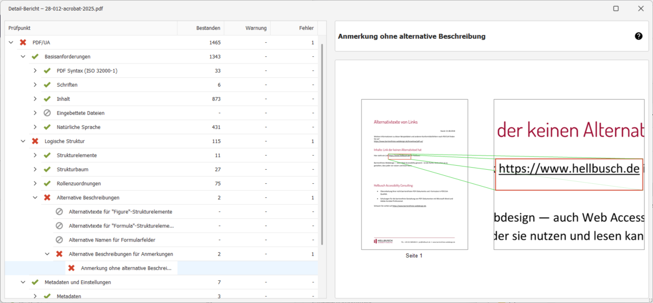 Die Fehlermeldung wird in einer Baumstruktur unter PDF/UA → Logische Struktur → Alternative Beschreibungen → Alternative Beschreibungen für Anmerkungen → Anmerkung ohne alternative Beschreibung angezeigt.